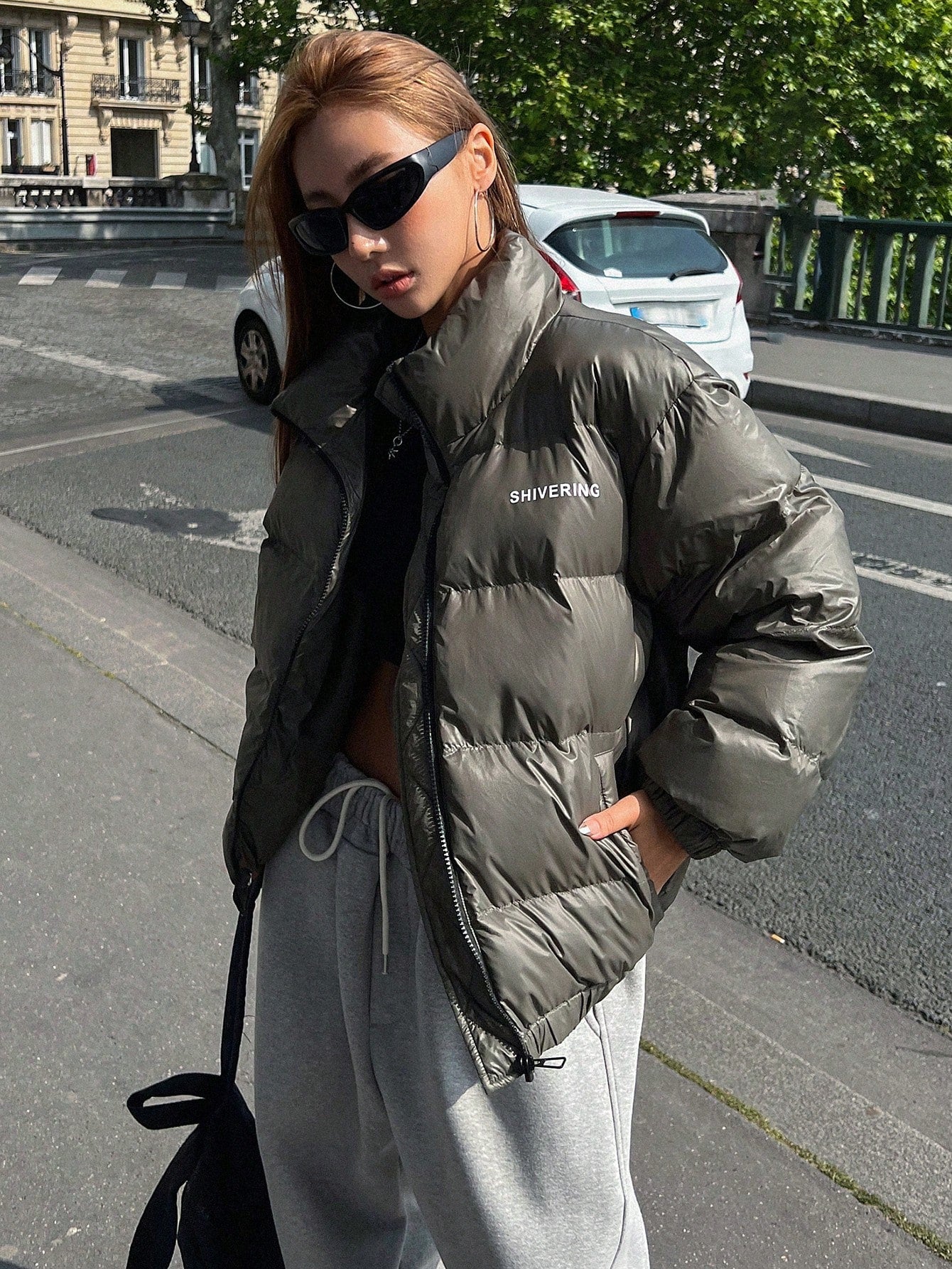 DAZY Letter Graphic Zip Up Puffer Thick Pockets Coat ,Winter Women Clothes,Winter Coat Women Jacket