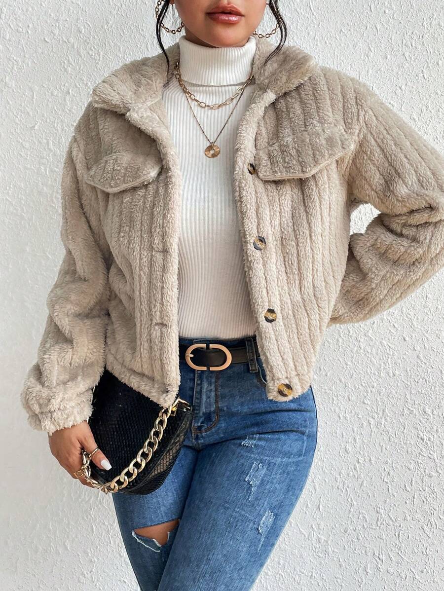 EMERY ROSE Flap Detail Fluffy Jacket Fall Winter Cloth For Women