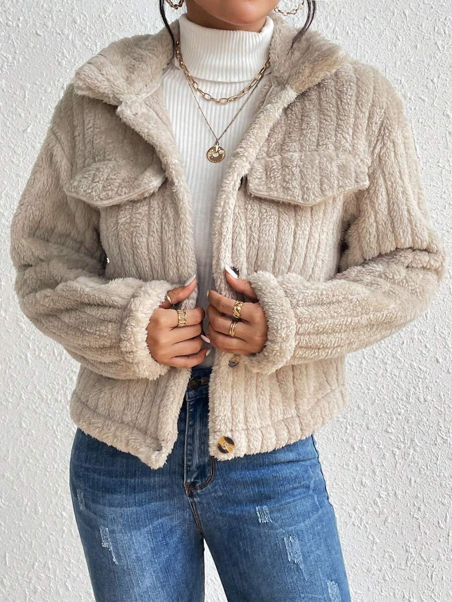 EMERY ROSE Flap Detail Fluffy Jacket Fall Winter Cloth For Women