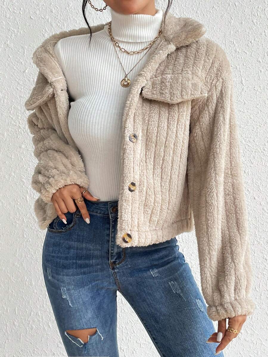 EMERY ROSE Flap Detail Fluffy Jacket Fall Winter Cloth For Women