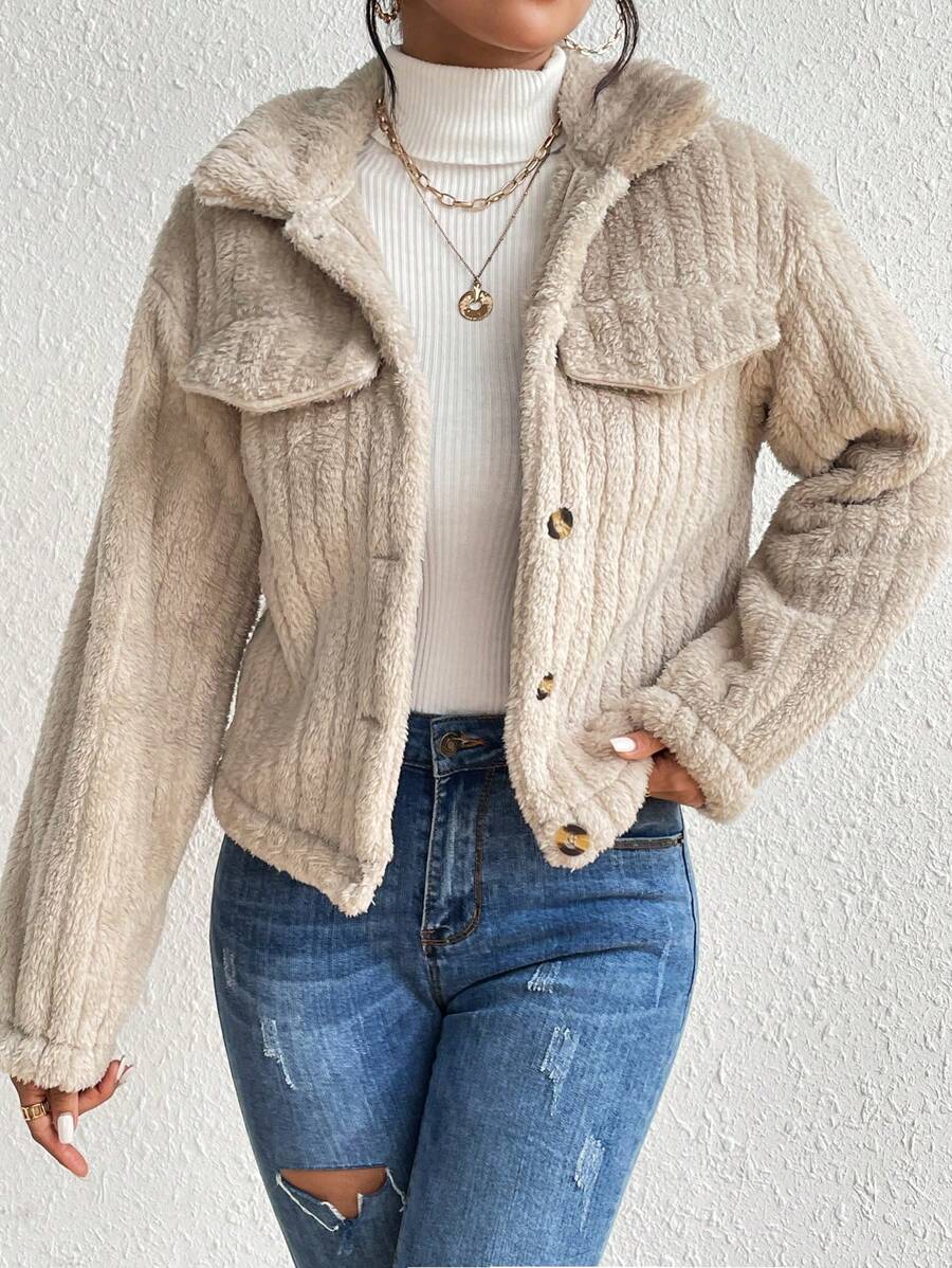EMERY ROSE Flap Detail Fluffy Jacket Fall Winter Cloth For Women