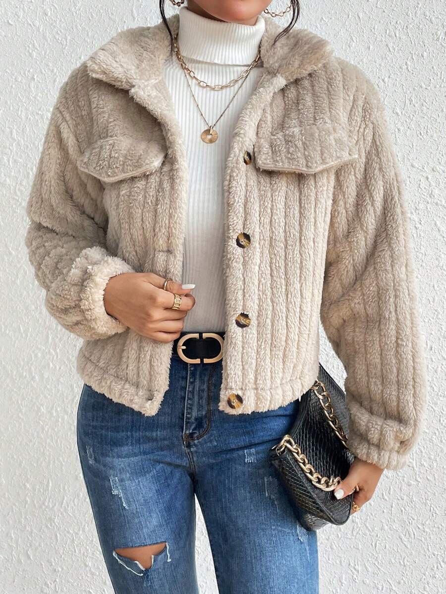 EMERY ROSE Flap Detail Fluffy Jacket Fall Winter Cloth For Women