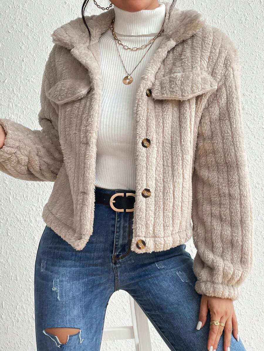 EMERY ROSE Flap Detail Fluffy Jacket Fall Winter Cloth For Women