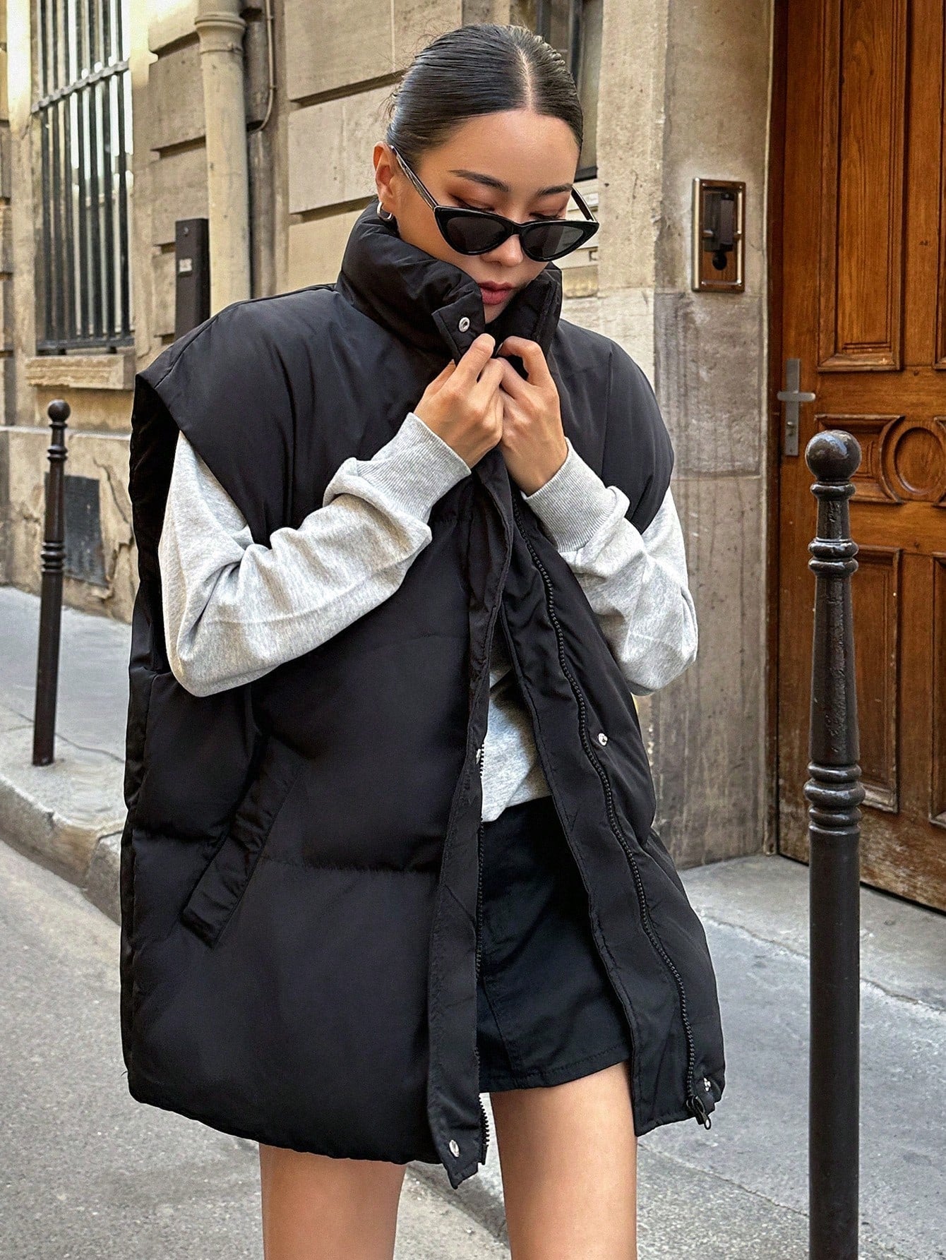 DAZY Zip Up Snap Button Drawstring Hem Vest Padded Coat, Winter Women Clothes, Padded Coat Women Jacket