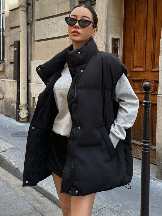DAZY Zip Up Snap Button Drawstring Hem Vest Padded Coat, Winter Women Clothes, Padded Coat Women Jacket