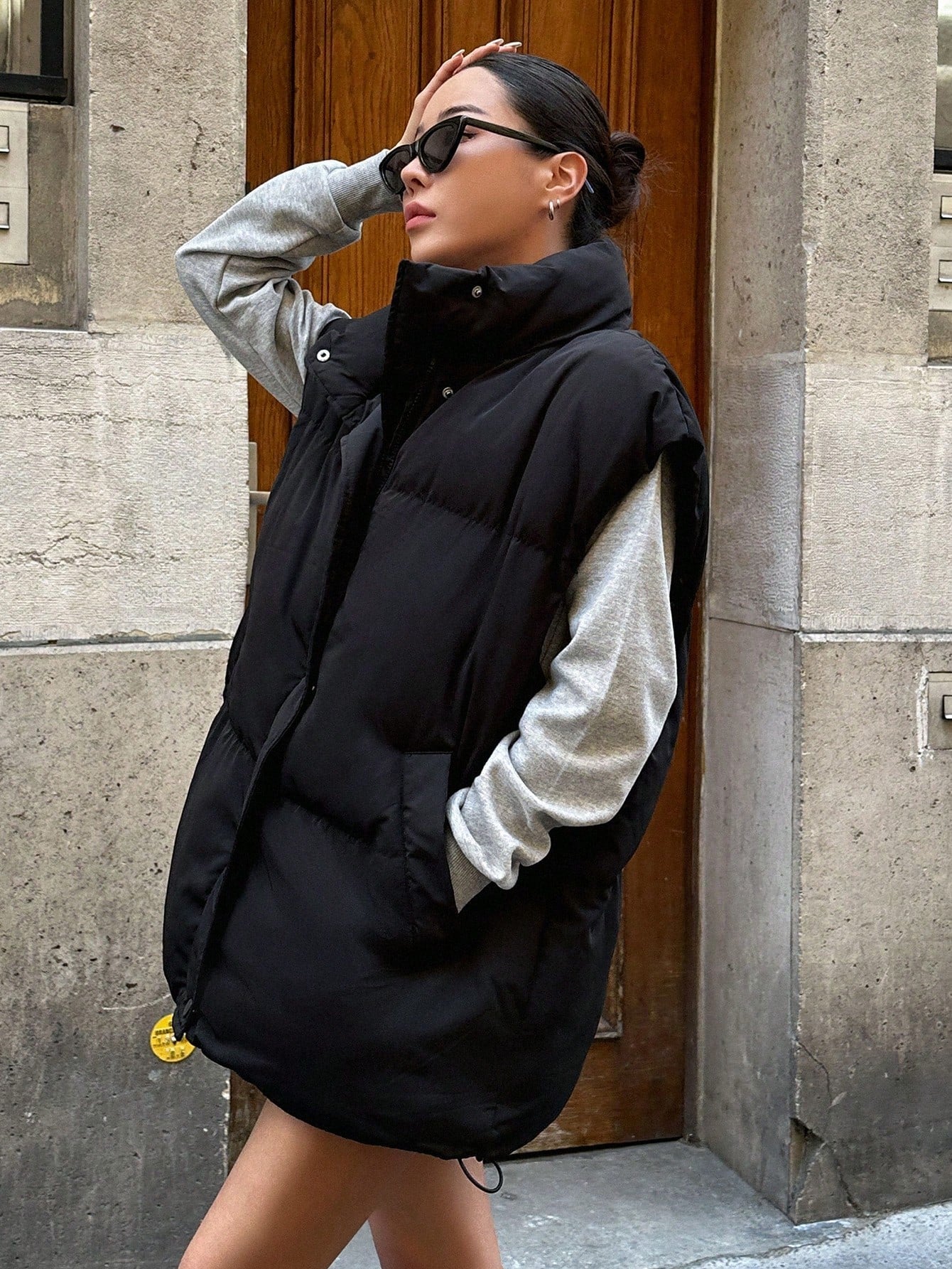 DAZY Zip Up Snap Button Drawstring Hem Vest Padded Coat, Winter Women Clothes, Padded Coat Women Jacket