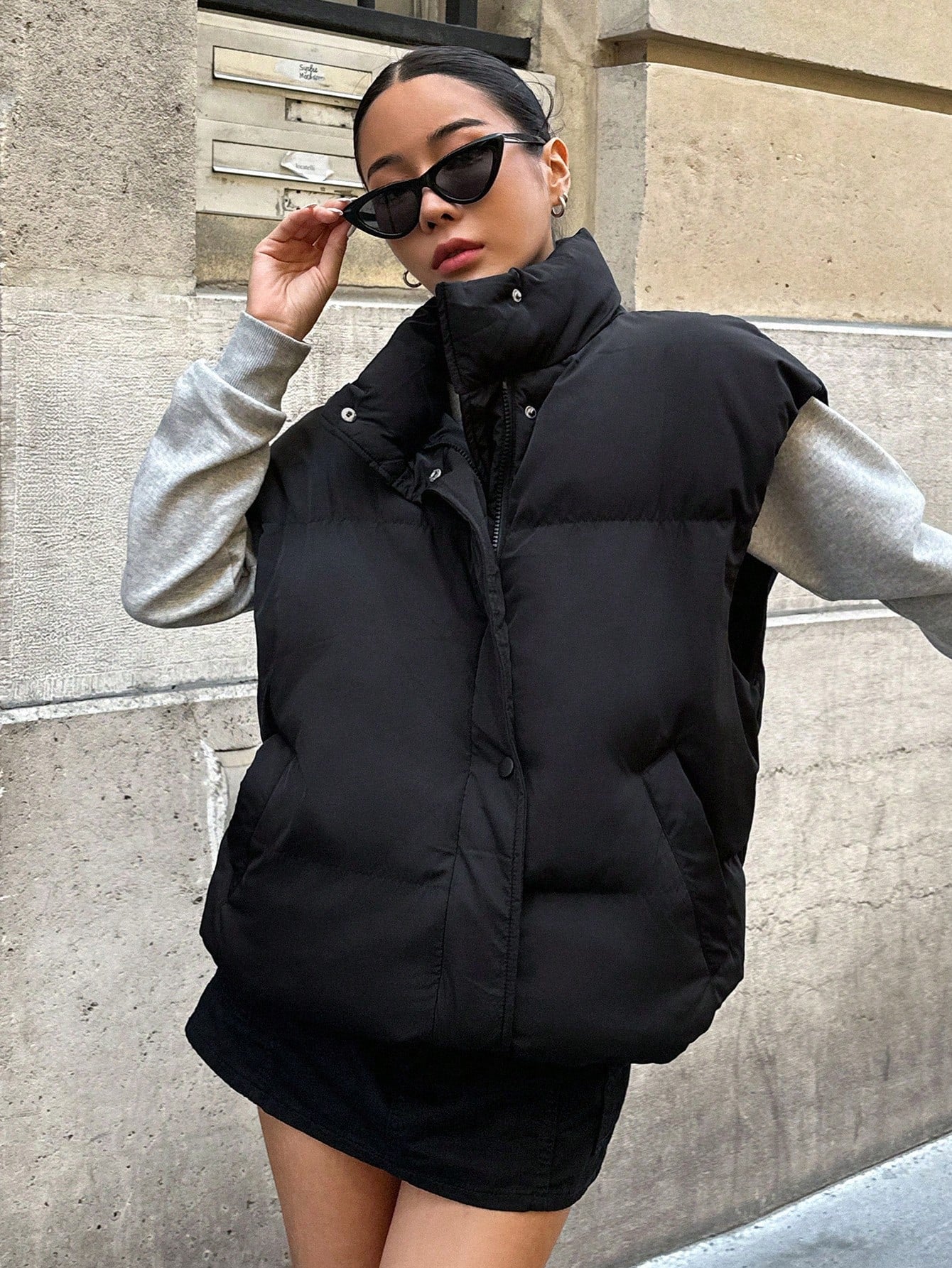 DAZY Zip Up Snap Button Drawstring Hem Vest Padded Coat, Winter Women Clothes, Padded Coat Women Jacket