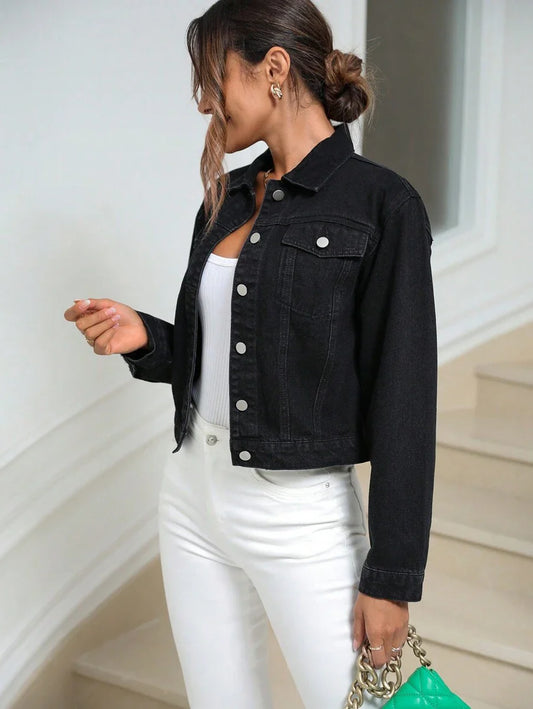 EMERY ROSE Women's Plain Front Button Casual Long Sleeve Denim Jacket And Coat, Summer
