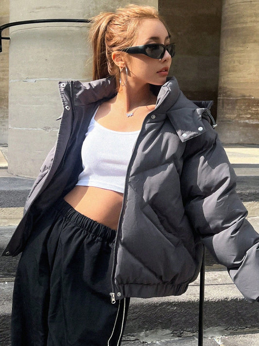 DAZY Zip Up Drawstring Hooded Thick Pockets Coat, Women Winter Coat Jacket