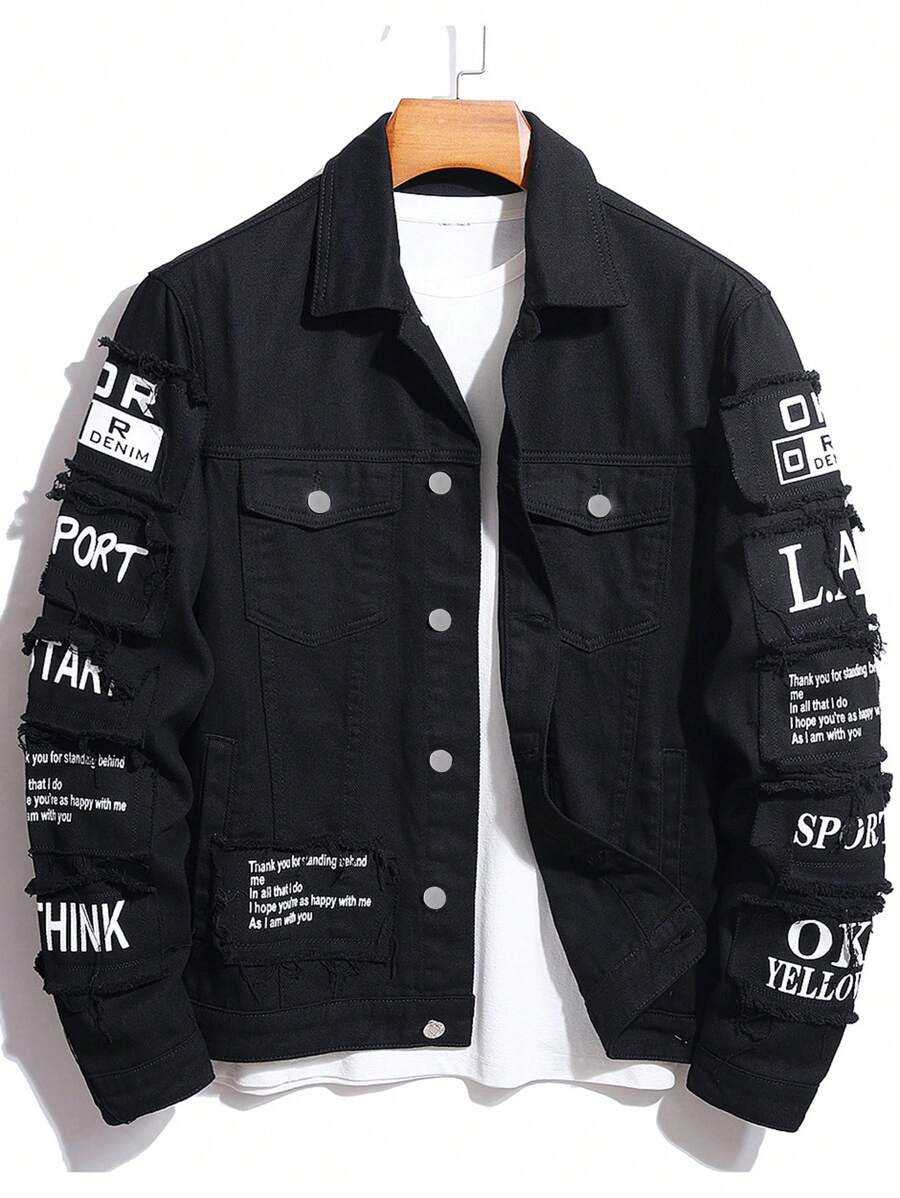 Manfinity Homme Men Cotton Slogan Graphic Flap Pocket Denim Jacket Without Tee, Fall