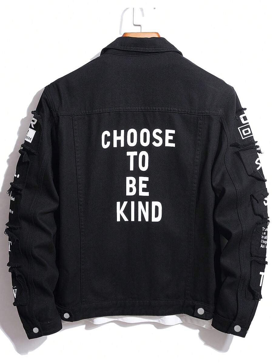 Manfinity Homme Men Cotton Slogan Graphic Flap Pocket Denim Jacket Without Tee, Fall