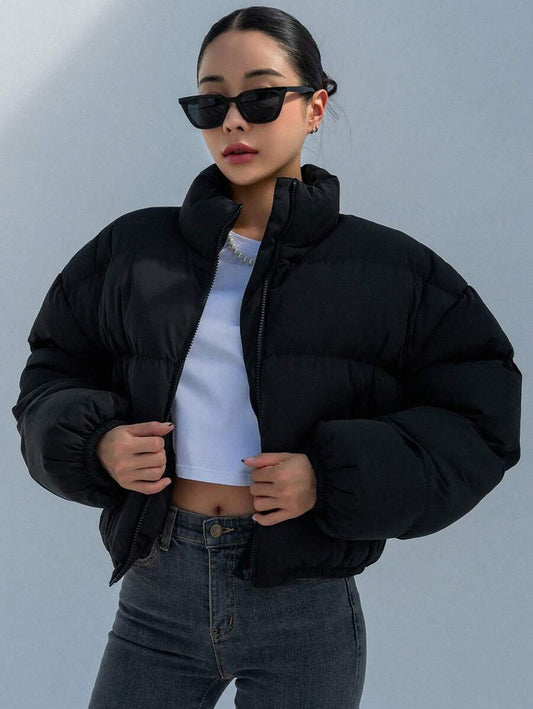 DAZY Zip Up Drop Shoulder Padded Coat, Ladies Winter Casual Pocket, Zipper Drop Shoulder Stand Collar Regular Fit Black Plain Women Padded Coats, Winter Warmth/ Winter Fashion, Winter Women Clothes, Padded Coat Women Jacket