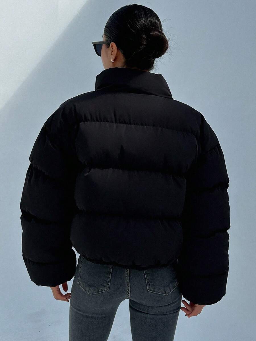 DAZY Zip Up Drop Shoulder Padded Coat, Ladies Winter Casual Pocket, Zipper Drop Shoulder Stand Collar Regular Fit Black Plain Women Padded Coats, Winter Warmth/ Winter Fashion, Winter Women Clothes, Padded Coat Women Jacket
