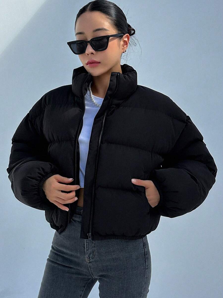 DAZY Drop Shoulder Zipper Puffer Thick Pockets Coat ,Winter Women Clothes,Winter Coat Women Jacket