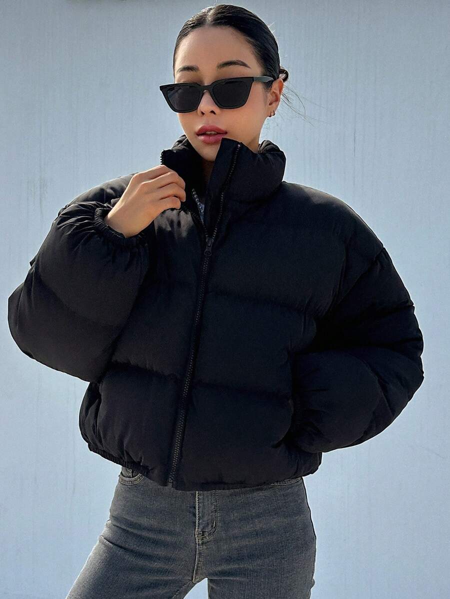 DAZY Zip Up Drop Shoulder Padded Coat, Ladies Winter Casual Pocket, Zipper Drop Shoulder Stand Collar Regular Fit Black Plain Women Padded Coats, Winter Warmth/ Winter Fashion, Winter Women Clothes, Padded Coat Women Jacket