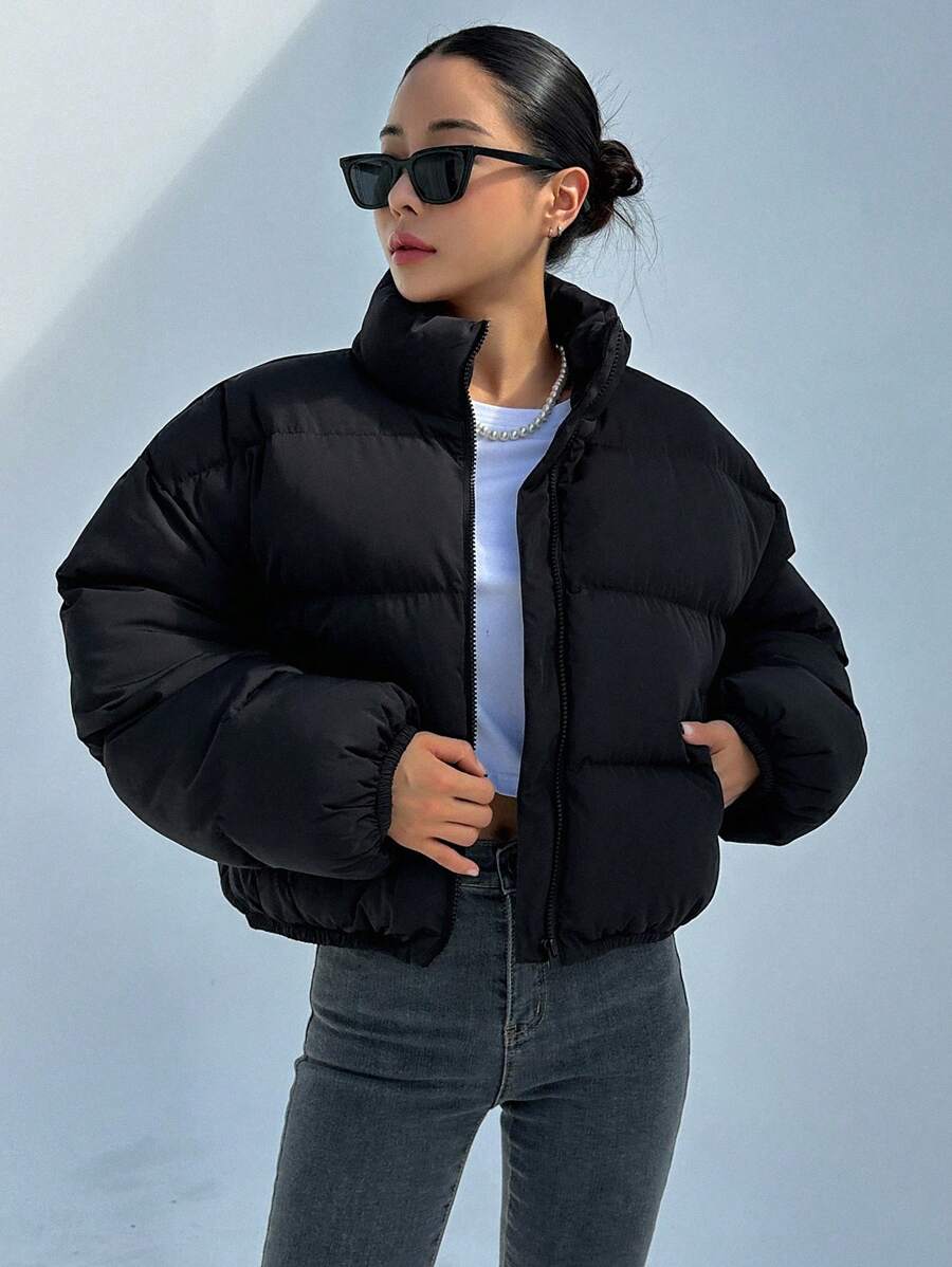 DAZY Zip Up Drop Shoulder Padded Coat, Ladies Winter Casual Pocket, Zipper Drop Shoulder Stand Collar Regular Fit Black Plain Women Padded Coats, Winter Warmth/ Winter Fashion, Winter Women Clothes, Padded Coat Women Jacket
