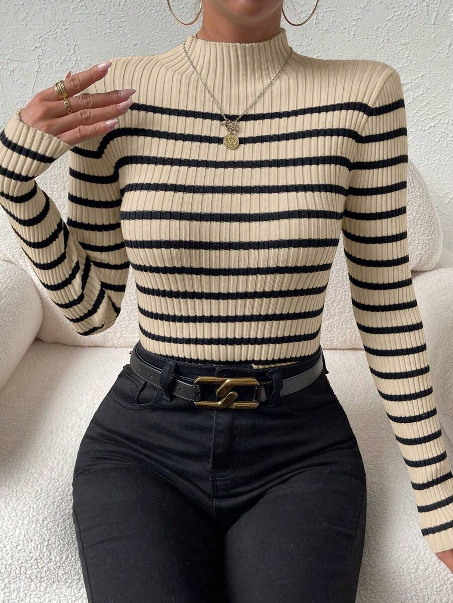 Chiquease Striped Pattern Mock Neck Sweater, Long Sleeve Tops Knit Pullover Fall Winter Outfit