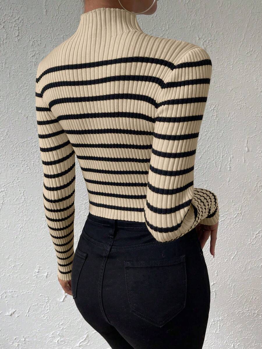 Chiquease Striped Pattern Mock Neck Sweater, Long Sleeve Tops Knit Pullover Fall Winter Outfit