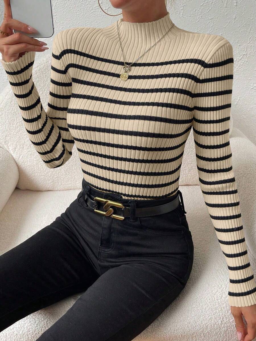 Chiquease Striped Pattern Mock Neck Sweater, Long Sleeve Tops Knit Pullover Fall Winter Outfit