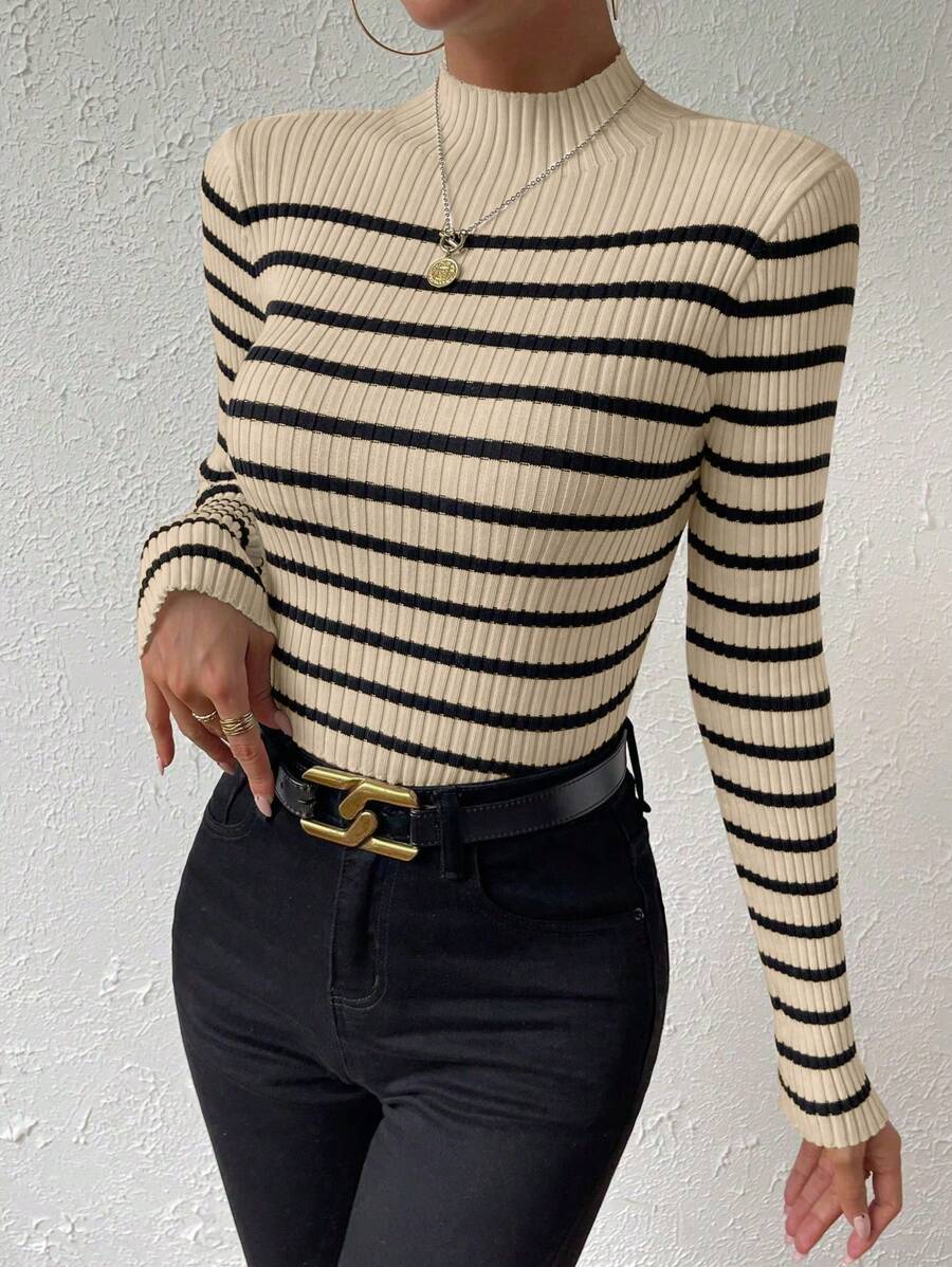 Chiquease Striped Pattern Mock Neck Sweater, Long Sleeve Tops Knit Pullover Fall Winter Outfit