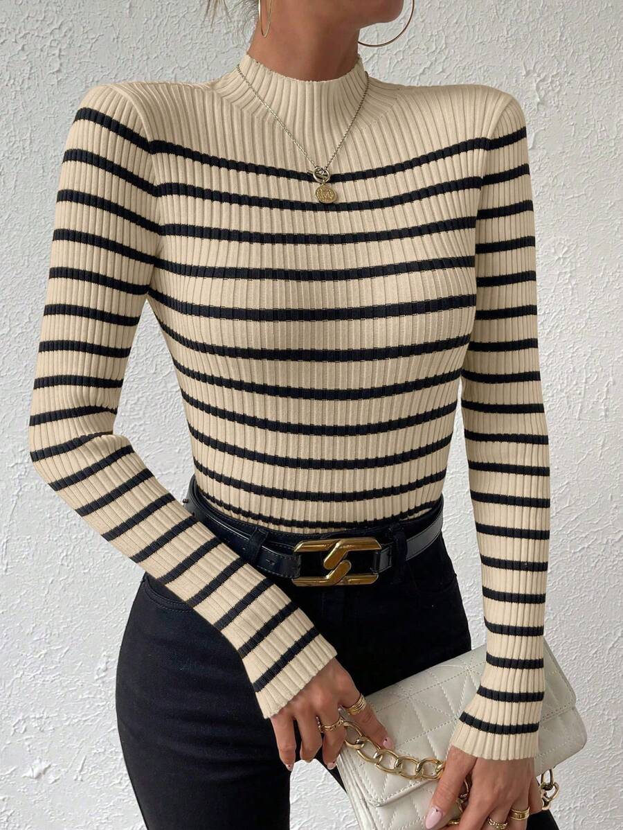 Chiquease Striped Pattern Mock Neck Sweater, Long Sleeve Tops Knit Pullover Fall Winter Outfit