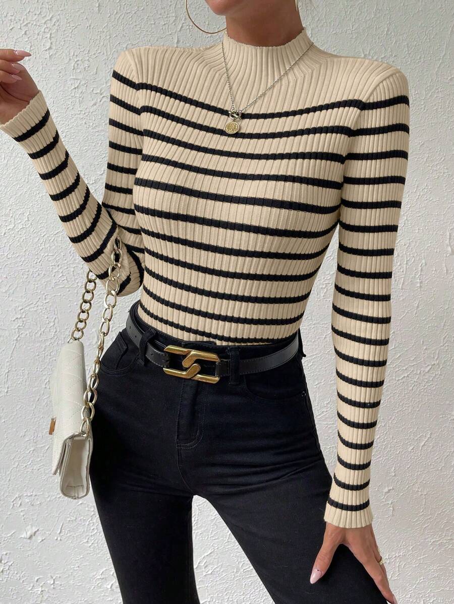 Chiquease Striped Pattern Mock Neck Sweater, Long Sleeve Tops Knit Pullover Fall Winter Outfit