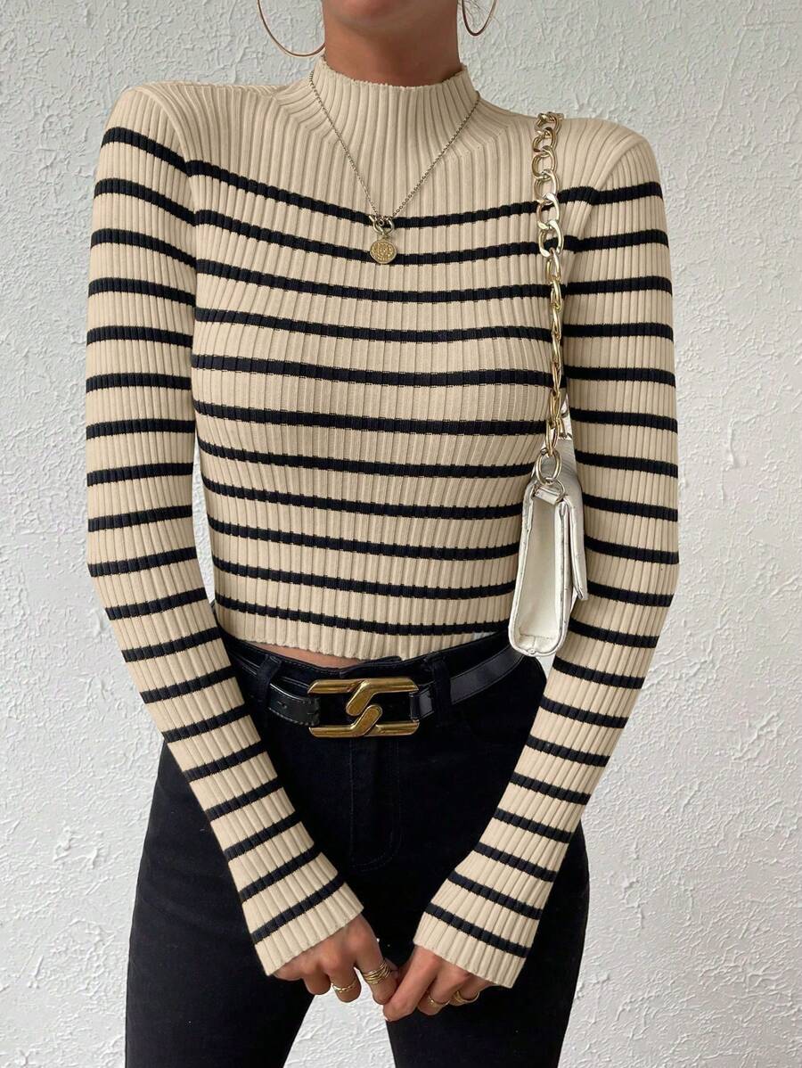 Chiquease Striped Pattern Mock Neck Sweater, Long Sleeve Tops Knit Pullover Fall Winter Outfit