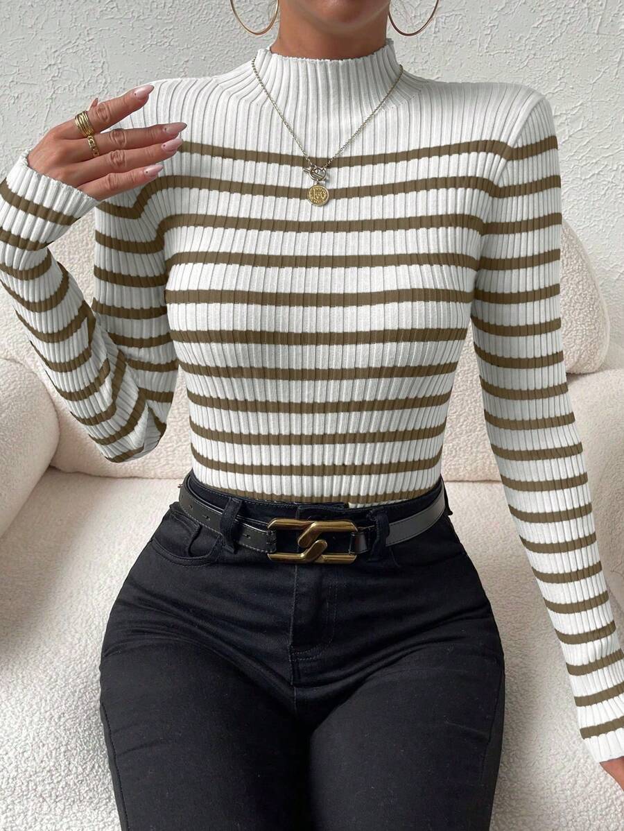 Chiquease Striped Pattern Mock Neck Sweater, Long Sleeve Tops Knit Pullover Fall Winter Outfit