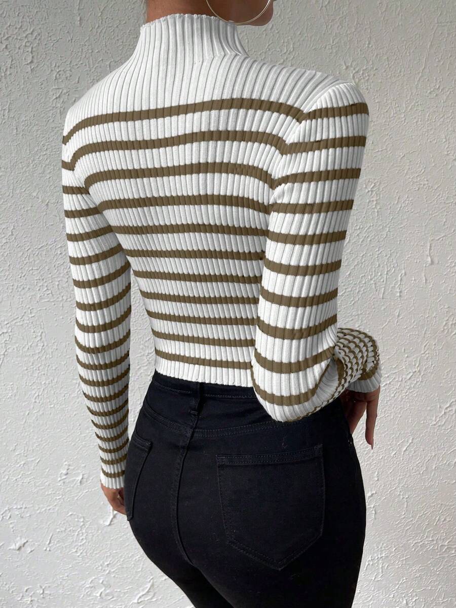 Chiquease Striped Pattern Mock Neck Sweater, Long Sleeve Tops Knit Pullover Fall Winter Outfit
