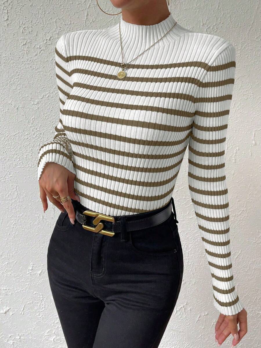 Chiquease Striped Pattern Mock Neck Sweater, Long Sleeve Tops Knit Pullover Fall Winter Outfit