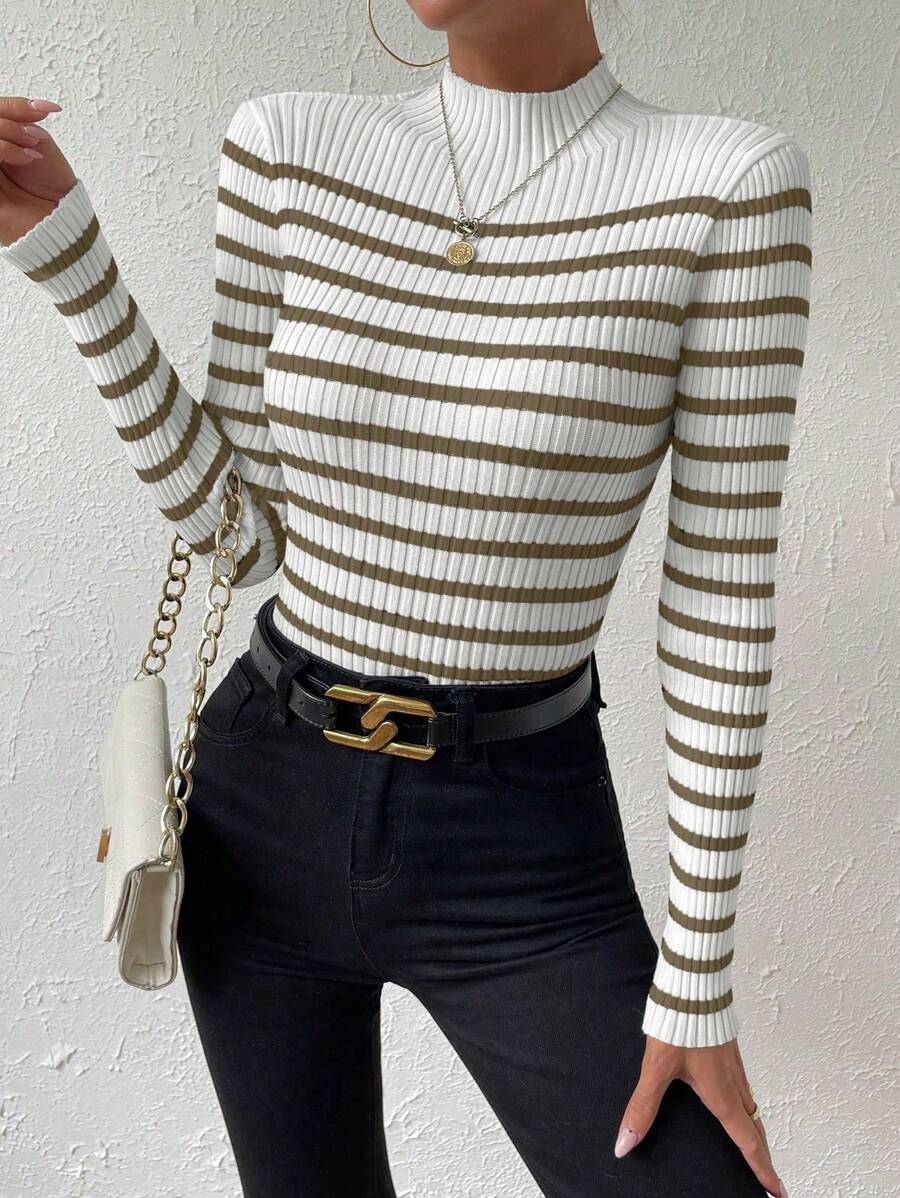 Chiquease Striped Pattern Mock Neck Sweater, Long Sleeve Tops Knit Pullover Fall Winter Outfit