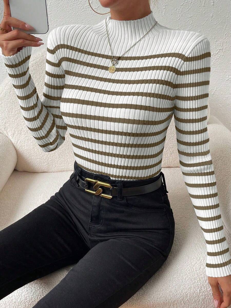 Chiquease Striped Pattern Mock Neck Sweater, Long Sleeve Tops Knit Pullover Fall Winter Outfit