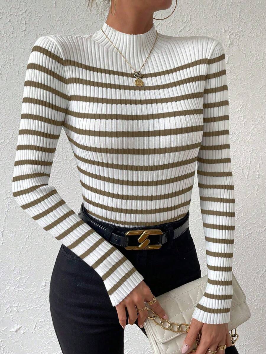 Chiquease Striped Pattern Mock Neck Sweater, Long Sleeve Tops Knit Pullover Fall Winter Outfit