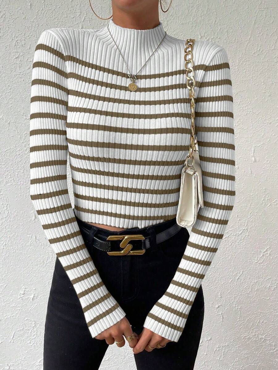 Chiquease Striped Pattern Mock Neck Sweater, Long Sleeve Tops Knit Pullover Fall Winter Outfit