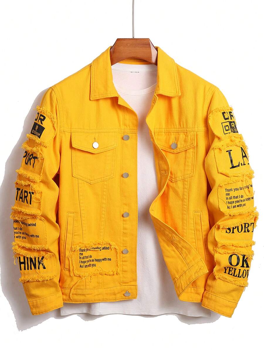 Manfinity Homme Men Cotton Slogan Graphic Flap Pocket Denim Jacket Without Tee, Fall