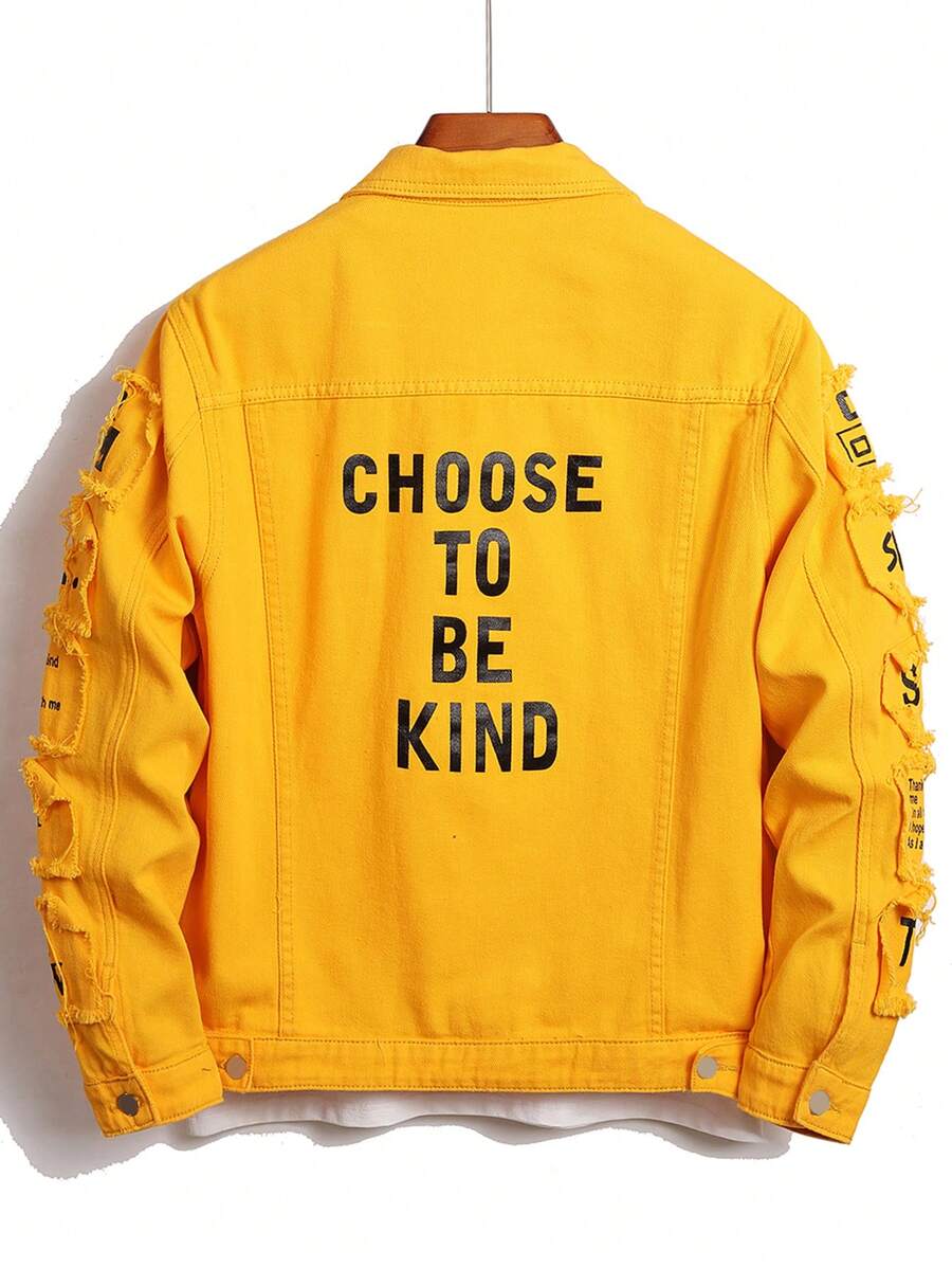Manfinity Homme Men Cotton Slogan Graphic Flap Pocket Denim Jacket Without Tee, Fall