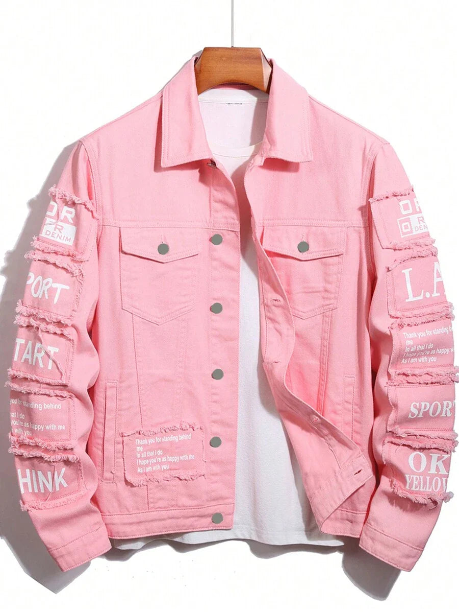Manfinity Homme Men Cotton Slogan Graphic Flap Pocket Denim Jacket Without Tee, Fall