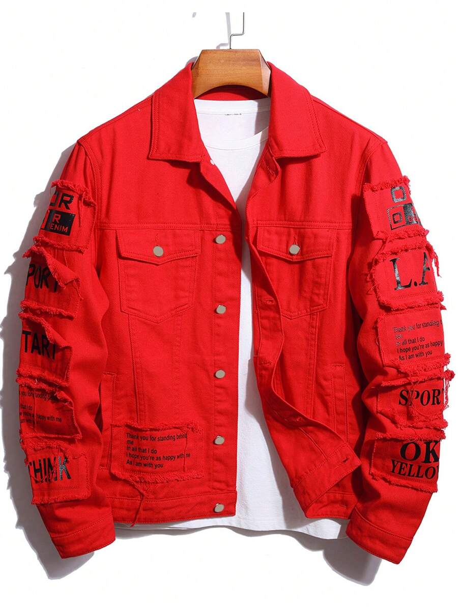 Manfinity Homme Men Cotton Slogan Graphic Flap Pocket Denim Jacket Without Tee, Fall