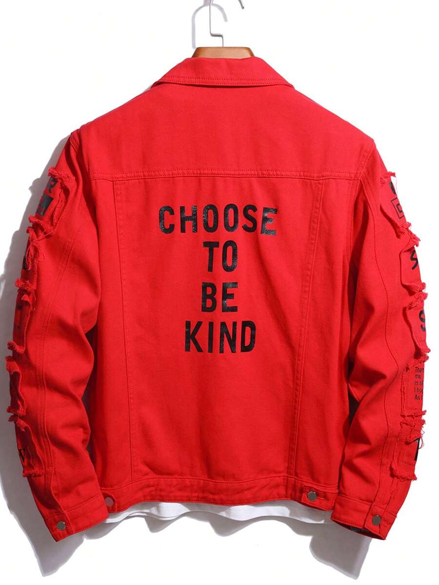 Manfinity Homme Men Cotton Slogan Graphic Flap Pocket Denim Jacket Without Tee, Fall