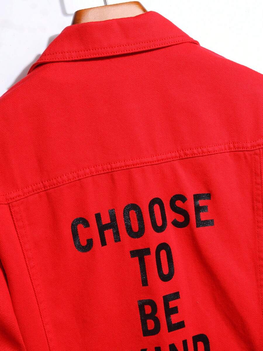 Manfinity Homme Men Cotton Slogan Graphic Flap Pocket Denim Jacket Without Tee, Fall