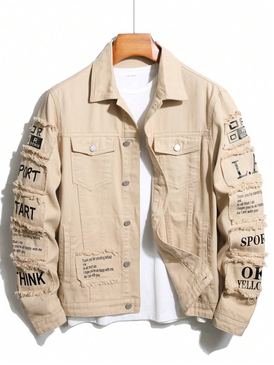 Manfinity Homme Men Cotton Slogan Graphic Flap Pocket Denim Jacket Without Tee, Fall