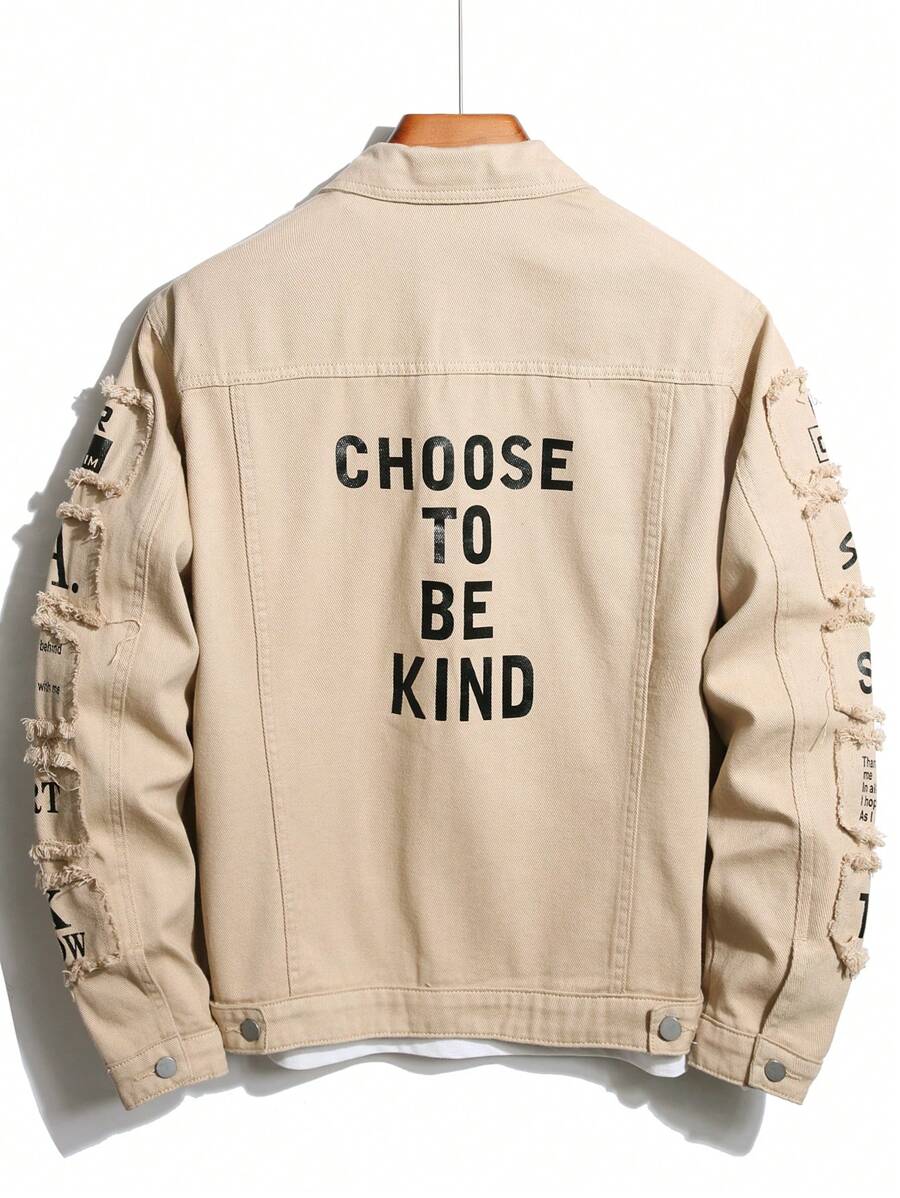 Manfinity Homme Men Cotton Slogan Graphic Flap Pocket Denim Jacket Without Tee, Fall