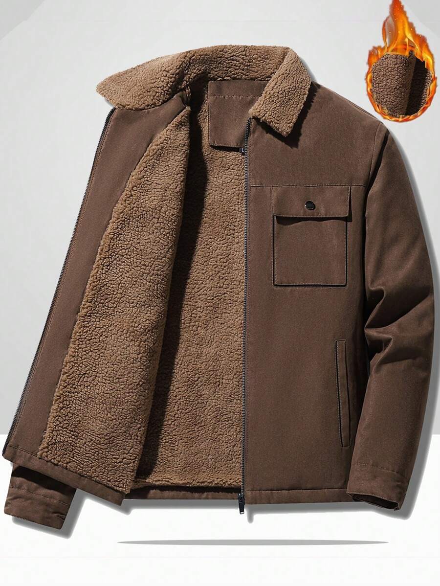 Manfinity Homme Men's Ultra-Oversized Flap Pocket Teddy Fleece-Lined Zipper Front Jacket