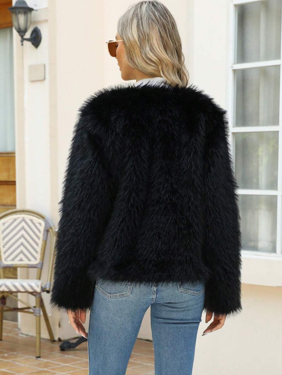 Women's Solid Color Long Sleeve Open Front Loose Fashionable Faux Fur Coat, Autumn/Winter