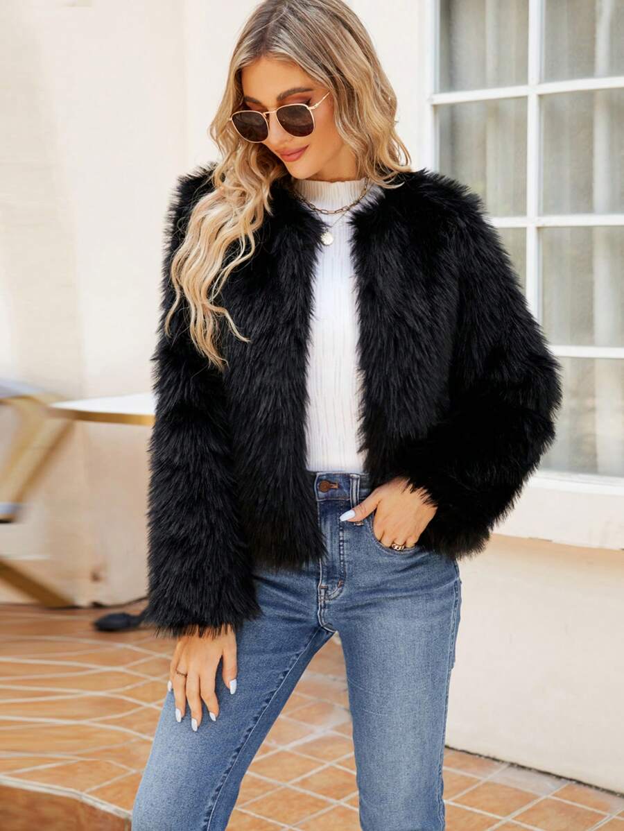 Women's Solid Color Long Sleeve Open Front Loose Fashionable Faux Fur Coat, Autumn/Winter