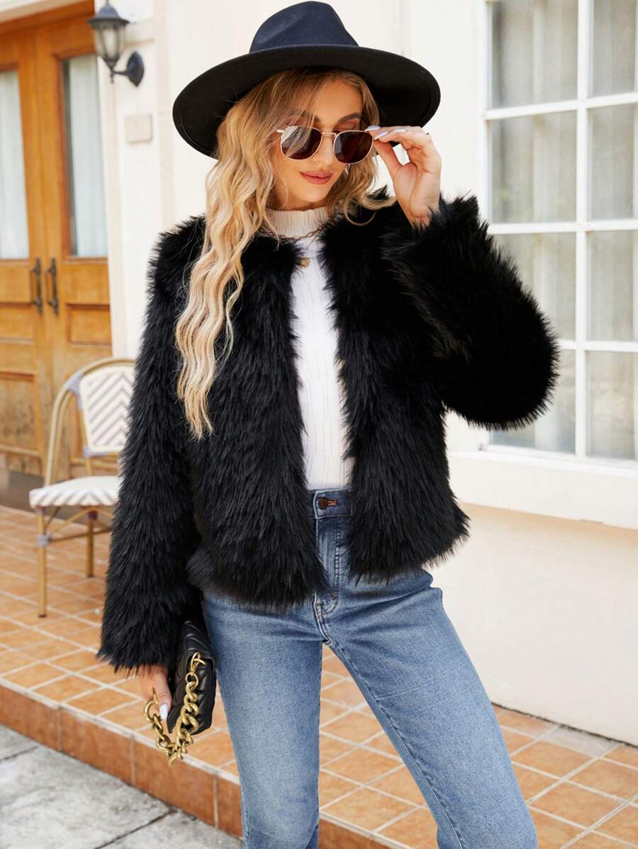 Women's Solid Color Long Sleeve Open Front Loose Fashionable Faux Fur Coat, Autumn/Winter