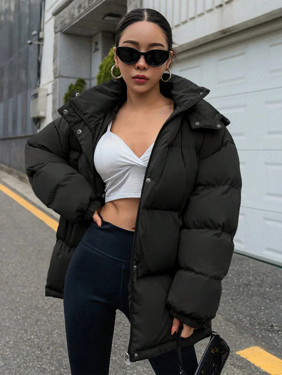 DAZY Women's Zipper Stand Collar Hooded Padded Coat, Ladies Winter Casual Button Front, Pocket, Zipper Regular Sleeve Hooded Oversized Coffee Brown Plain Women Padded Coats, Winter Warmth/ Winter Fashion ,Winter Women Clothes,Winter Coat Women Jacket