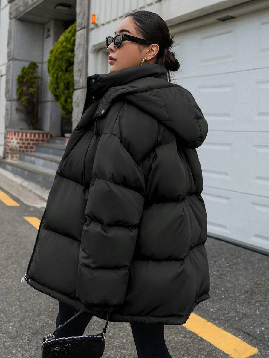 DAZY Women's Zipper Stand Collar Hooded Padded Coat, Ladies Winter Casual Button Front, Pocket, Zipper Regular Sleeve Hooded Oversized Coffee Brown Plain Women Padded Coats, Winter Warmth/ Winter Fashion ,Winter Women Clothes,Winter Coat Women Jacket