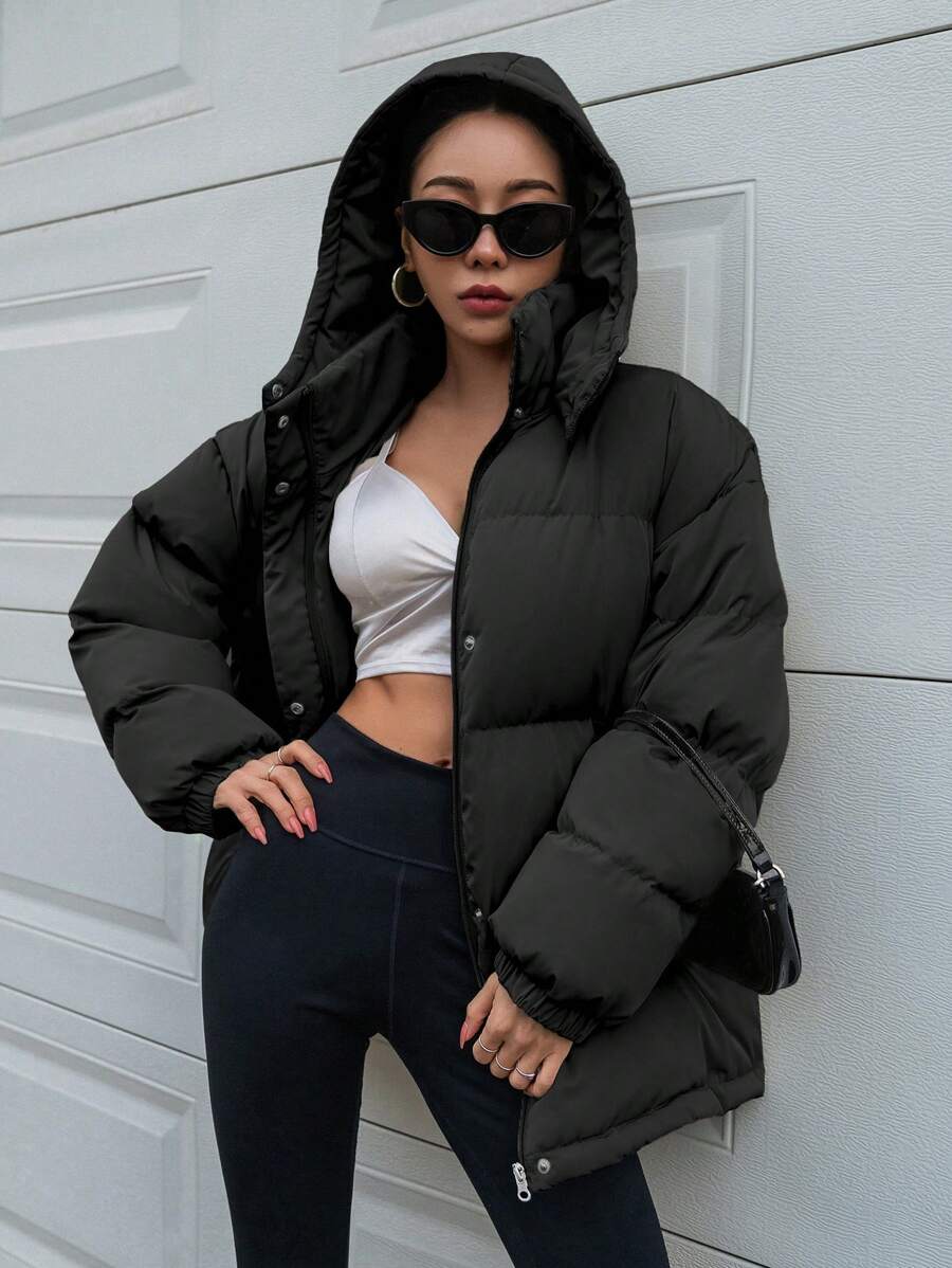 DAZY Women's Zipper Stand Collar Hooded Padded Coat, Ladies Winter Casual Button Front, Pocket, Zipper Regular Sleeve Hooded Oversized Coffee Brown Plain Women Padded Coats, Winter Warmth/ Winter Fashion ,Winter Women Clothes,Winter Coat Women Jacket