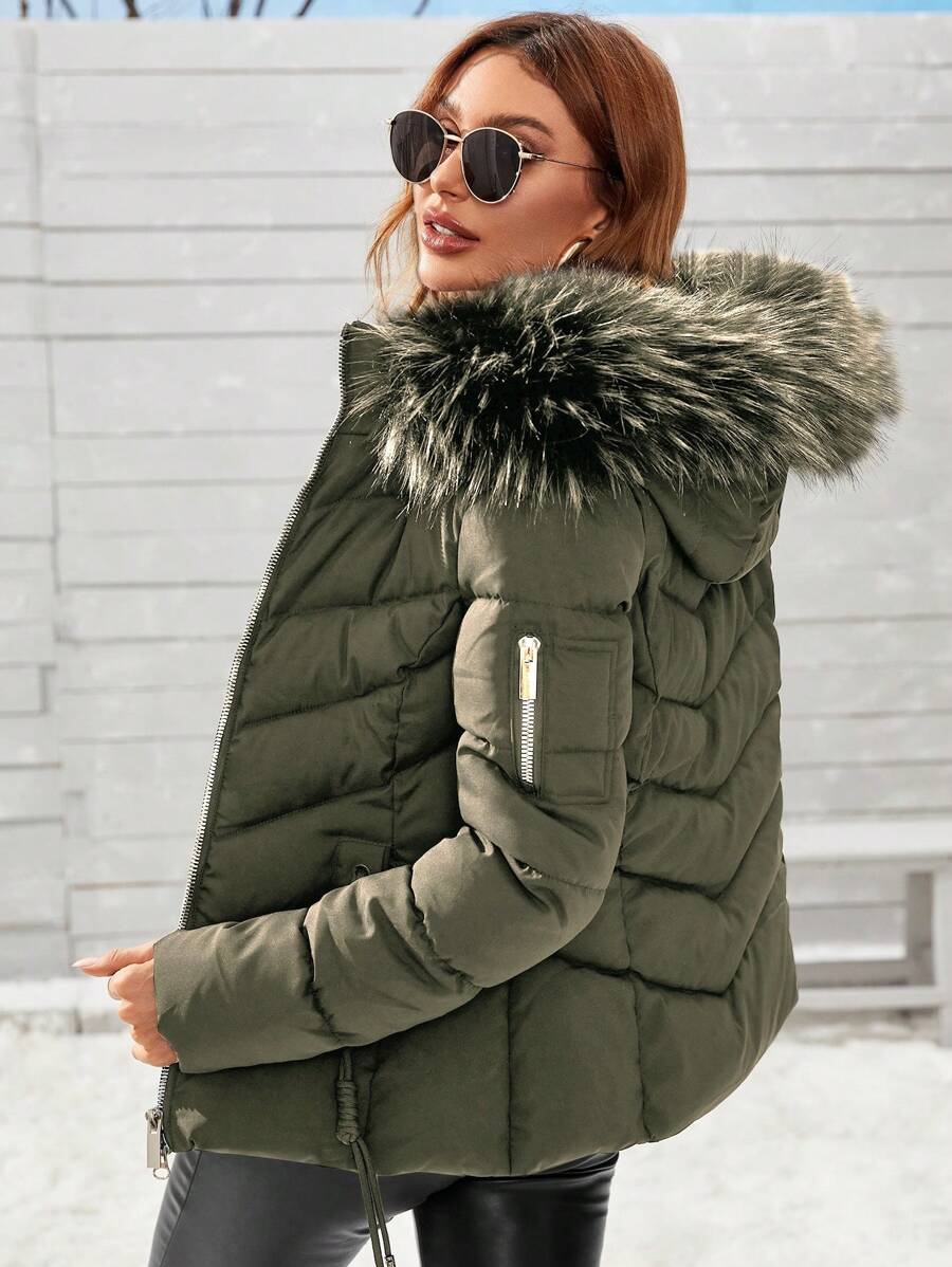 Anewsta Women's Solid Color Long Sleeve Zipper Collar Patchwork Fuzzy Hooded Padded Coat, Winter